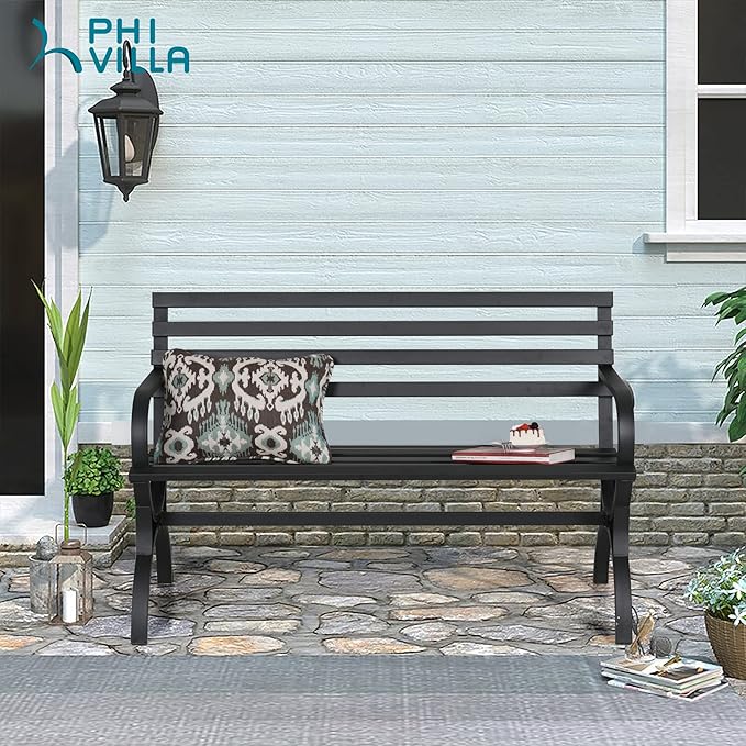 PHI VILLA Outdoor Garden Bench, 48” Long Metal Steel Bench with Backrest and Armrests, Modern Slatted Design for Patio, Lawn, Yard, Porch - Black-VerdiqueGarden
