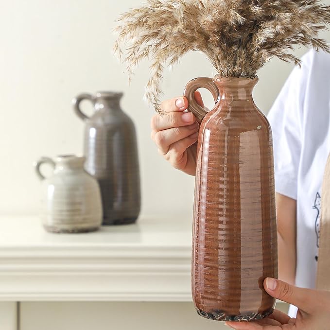Ceramic Vases Set of 3, Neutral Rustic Farmhouse Vase with Handle, Decorative Flower Vases Home Decor Modern Boho Pampass Vase for Table Mantel Entryway Shelf Living Room Kitchen Bathroom - Brown-VerdiqueGarden