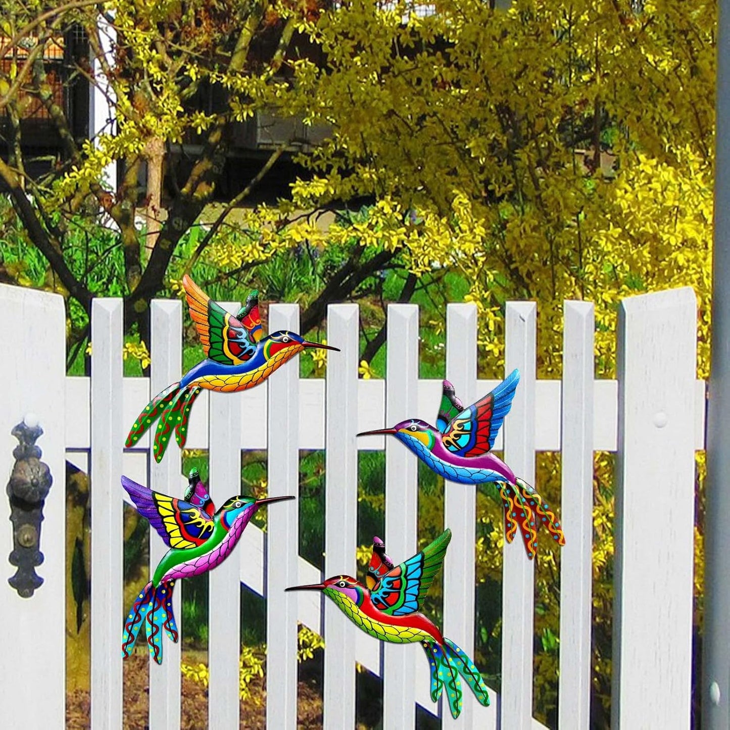 ZYP Metal Outdoor Wall Art Decor,3D Colorful Garden Birds Sculpture Outdoor Iron Hanging Decor Ornaments, Metal Hand-made Bird Wall Art Decorations for Fence Patio Balcony Living Room,Hummingbird-VerdiqueGarden