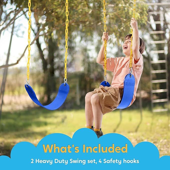TURFEE 2 Pack Swing for Outdoor Swing Set, Swing Seat Replacement Kit with 66" Heavy Duty Chains, 4 Snap Hook for Kids Outdoor Play Playground, Trees, Playground (Blue)-VerdiqueGarden