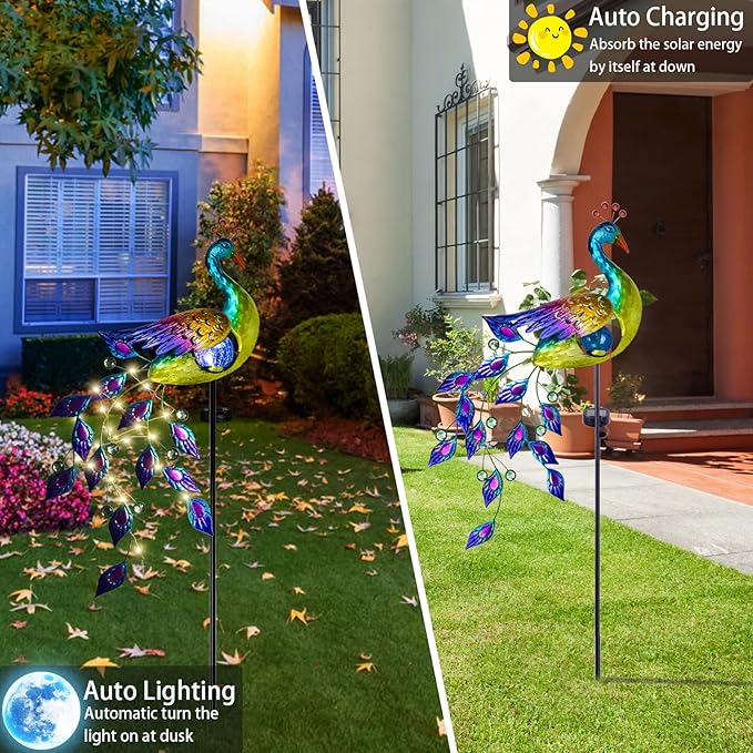 DREAMSOUL Solar Garden Lights Outdoor, Metal Peacock Decor Solar Lights Garden Stakes with Led String Lights, Waterproof Crackle Glass Ball Landscape Path Light for Lawn Patio-VerdiqueGarden