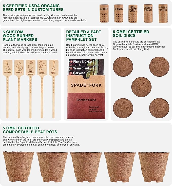 Organic Indoor Salsa Garden Starter Kit - Made in USA - Certified USDA Organic - 5 Seed Types San Marzano & Cherry Tomato, Jalapeño, Cilantro, Green Onion - Potting Soil, Indoor Herb Garden Kit-VerdiqueGarden