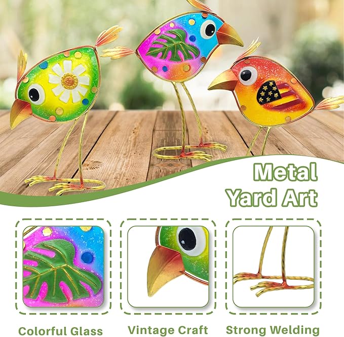 Birds Garden Decor for Outside: Metal & Glass Bird Yard Art, Craft Statue Lawn Ornaments for Outdoor, Housewarming Birthday Gifts for Women (3 PCS)-VerdiqueGarden