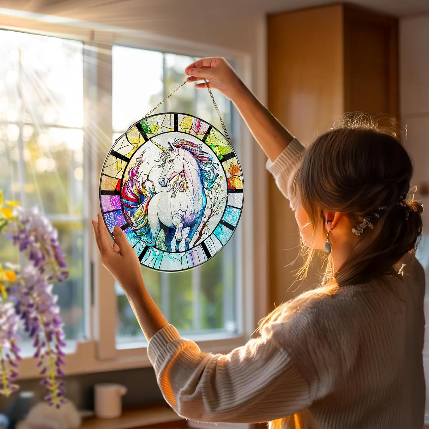 Stained Glass Window Hanging, Stained Glass Suncatcher, Unicorn Sun Catcher, Window Decor, Unicorn Gift, Gifts for Mothers Day, Christmas or Birthday Gift, Gifts for Her Mom Grandmother Daughter-VerdiqueGarden