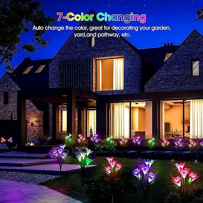 ANGMLN 4 Pack Solar Flowers Lights,16 Bigger Head Solar Lily Flowers, 7 Color Changing Pathway Lamps for Garden Patio Yard Party Wedding Holiday Outdoor Garden Stake Decoration(Purple2&White1&Pink1)-VerdiqueGarden