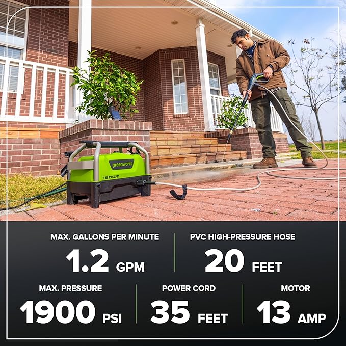 Greenworks 1900 PSI (SGS Certified) 1.2 GPM 13Amp Portable Compact Electric Pressure Washer, Power Washer for Cars, Driveways, Patios, Patio Furniture & Around Pools-VerdiqueGarden