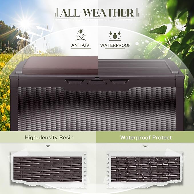 Greesum 100 Gallon Resin Deck Box Large Outdoor Storage with Cushions for Patio Furniture, Garden Tools, Pool Supplies, Weatherproof and UV Resistant, Lockable, Dark Brown-VerdiqueGarden