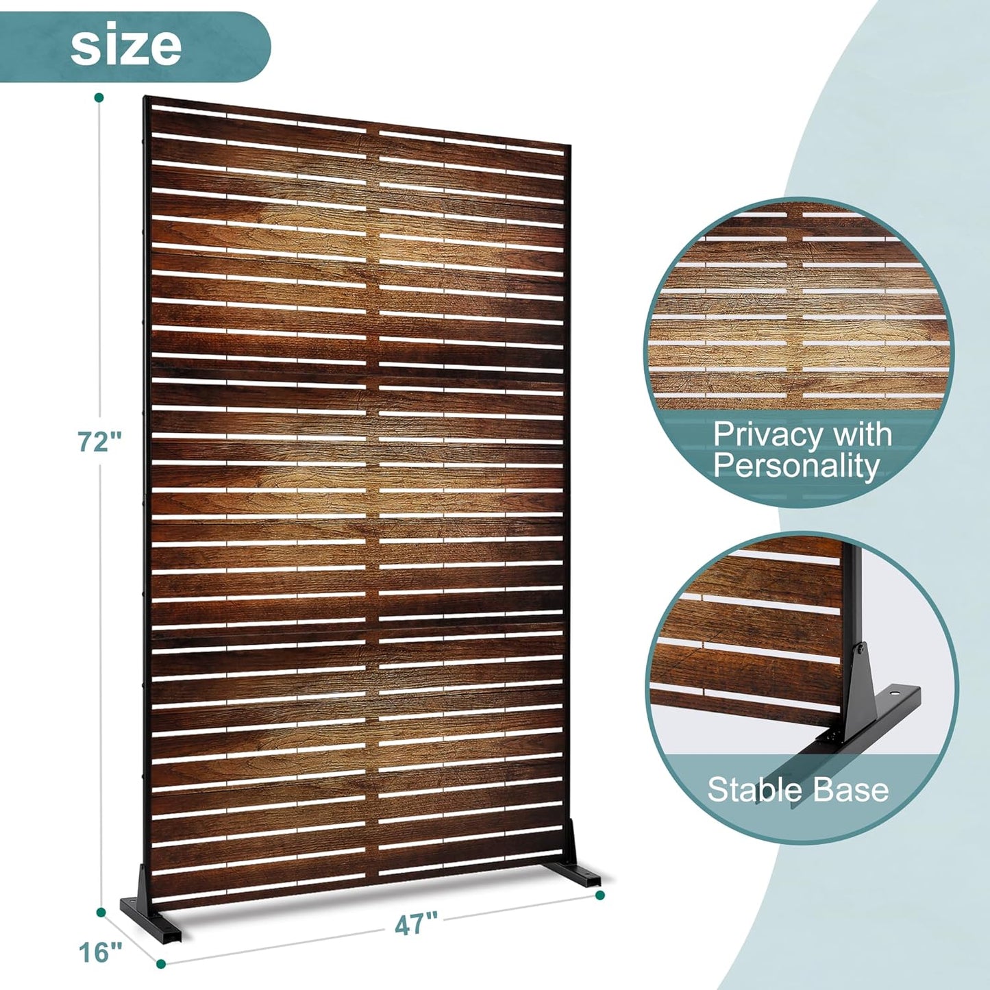 Metal Privacy Screen Outdoor Freestanding Privacy Wall Panels and Decorative Patio Dividers,Crafted from Steel with Sun-Proof Design,Ideal for Patio,Garden,72" H×47" L（Wooden&Vintage-3 Panels-VerdiqueGarden