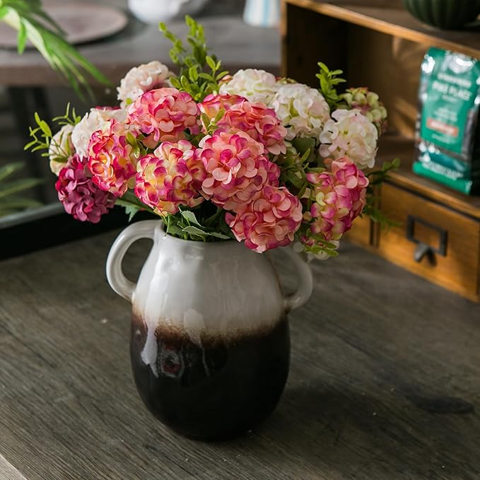 White Gradient Ceramic Vase with 2 Handles, Modern Farmhouse Decor, Rustic Terracotta Pottery, Decorative Flower Vases, Clay Small Vase, Centerpiece for Dining Table - 7 Inch Tall-VerdiqueGarden
