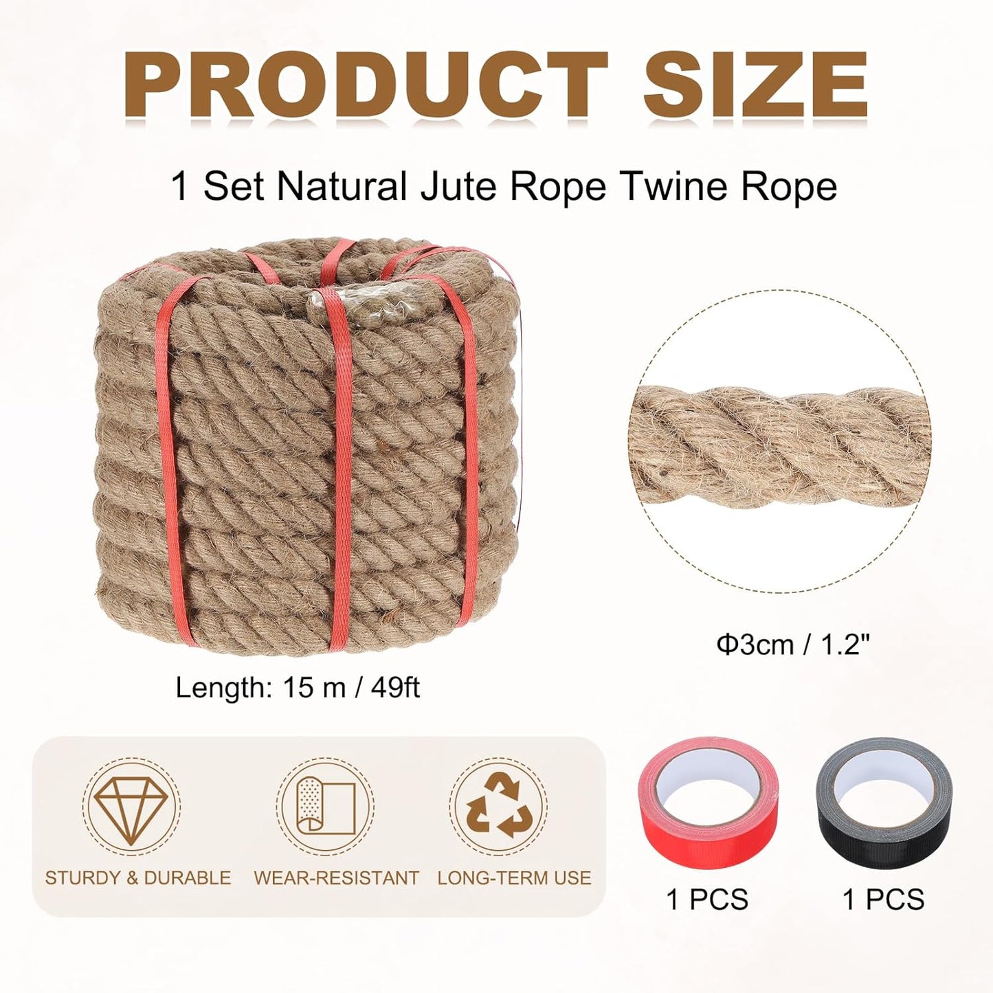 MECCANIXITY Jute Rope 1.2 Inch x 49ft, Thick Twine Rope Ropes Braided Jute Twine Natural Brown Burlap Cord String Heavy Twisted with Tapes for Decorative Crafts Railing Swing Tug of War-VerdiqueGarden