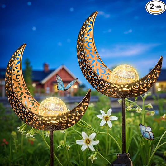 HOMEIMPRO 2Pack Moon Garden Solar Lights Outdoor Stakes Waterproof, Gifts for Mom, Crackle Glass Patio, Backyard Decorations, Balcony Lawn Ornaments, for Women Men Grandma (Bronze)-VerdiqueGarden