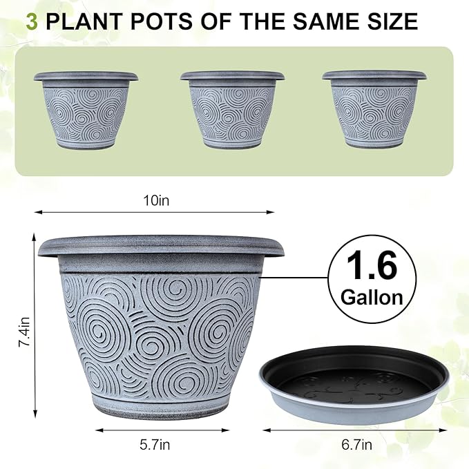 10 Inch Flower Pots Planters for Indoor Outdoor Plants, 3 Pack Plastic Large Plant Pots with Drainage Hole & Tray, Modern Decorative Garden Pot with Saucer, Plant Container for House-VerdiqueGarden