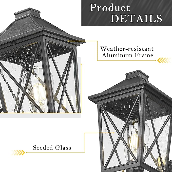 Darkaway Outdoor Wall Light Fixture,2pcs Outside Porch Lights Wall Mounted Seeded Glass Exterior Waterproof Lantern Modern E26 Socket Wall Sconce Lighting for Front Door Yard Patio-VerdiqueGarden