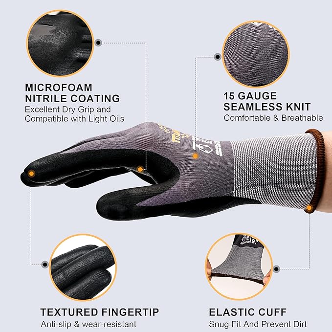 TitanFlex Work Gloves Microfoam Nitrile Coated Men Women, Safety Warehouse Gloves with Grip, Touchscreen, Seamless Knit Nylon-VerdiqueGarden