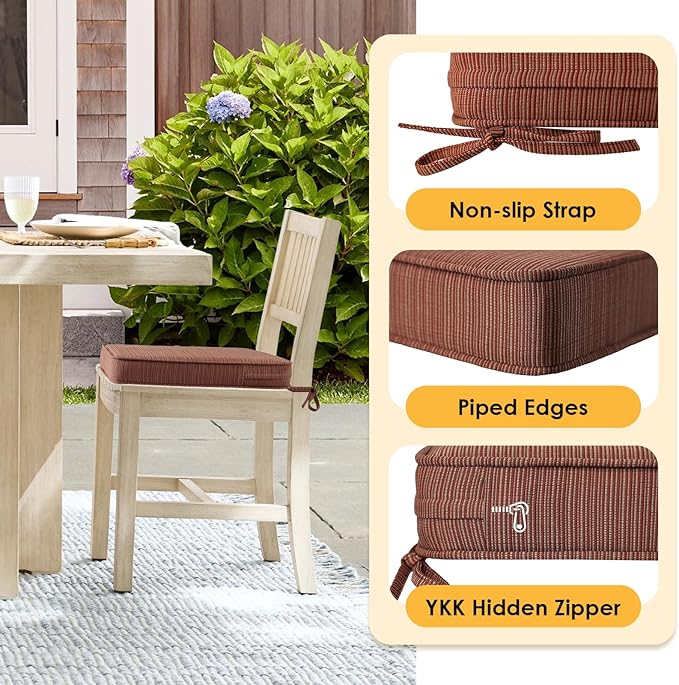 Outdoor Square Corner Seat Cushion, 19"x19"x3", Set of 4, Non Slip Seat Cushion Pads with Removable Cover for Patio Furniture, Garden Yard Lawn, Dark Yellow Tan Stripe-VerdiqueGarden