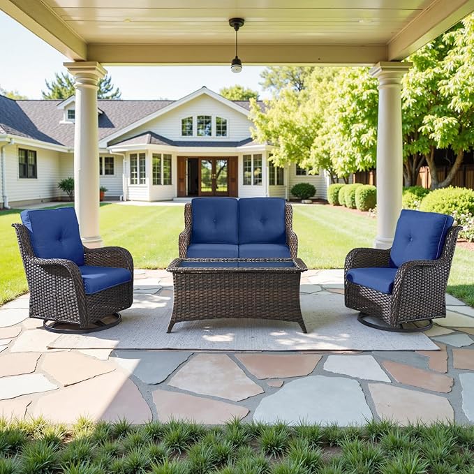 8 Piece Outdoor Patio Furniture Set - 41" CSA Propane Fire Pit Table Patio Conversation Set with Swivel Rocker Outdoor Chairs, Wicker loveseat and Ottoman for Outside Casual Gathering-VerdiqueGarden