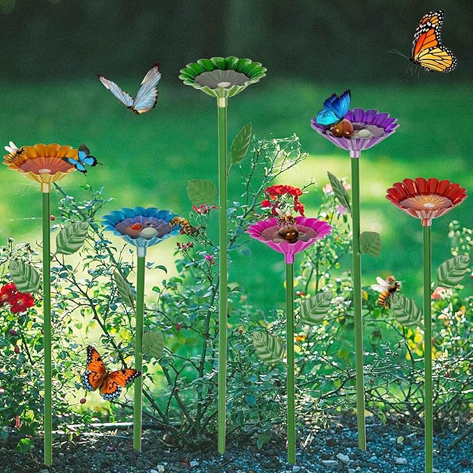 6 Pack Bee Watering Station, Bee Bath for Garden Metal Bee Water Feeder with Flower Design, Colorful Butterfly Bee Bath Bowl for Outdoor Garden Yard Decor-VerdiqueGarden