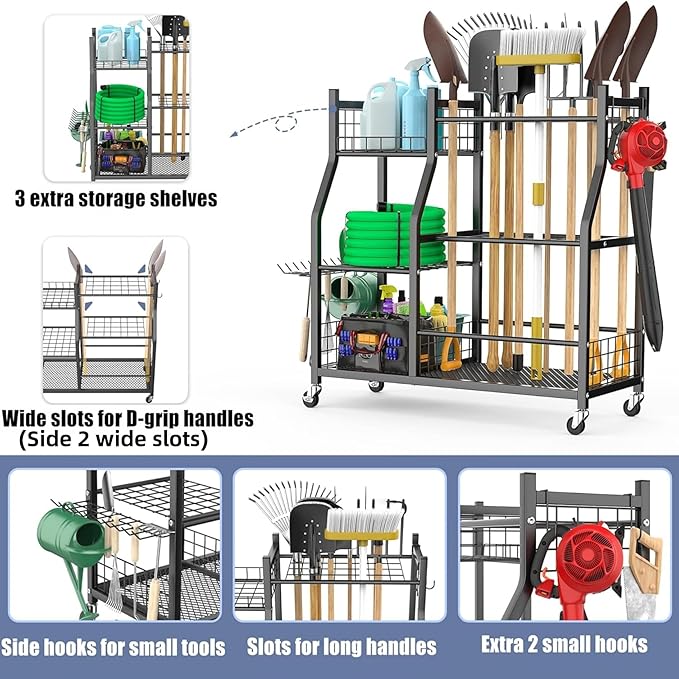 WALMANN Garden Tool Organizer with Wheels for Garage, Large Storage Capacity, Rakes/Shovels/Yard Tools Storage Stand for Shed, Garden, Indoor/Outdoor Long-Handled Tools Rolling Cart-VerdiqueGarden