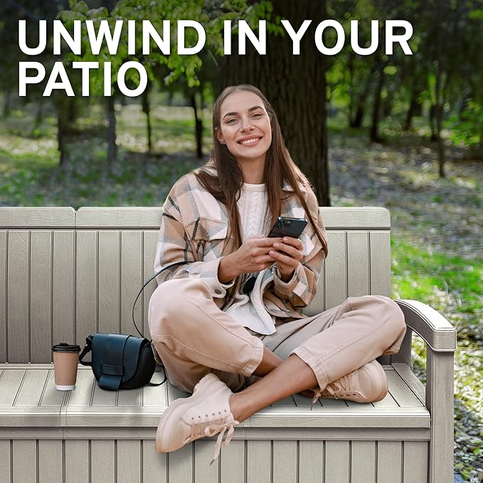 EconoHome 3 Seat Outdoor Storage Bench with Rain Cover - 90 Gallon Capacity - Weatherproof Resin Bench for Patio, Porch, Garden, Yard, Pool Area - Furniture for Pool Accessories, Gardening Tools-VerdiqueGarden