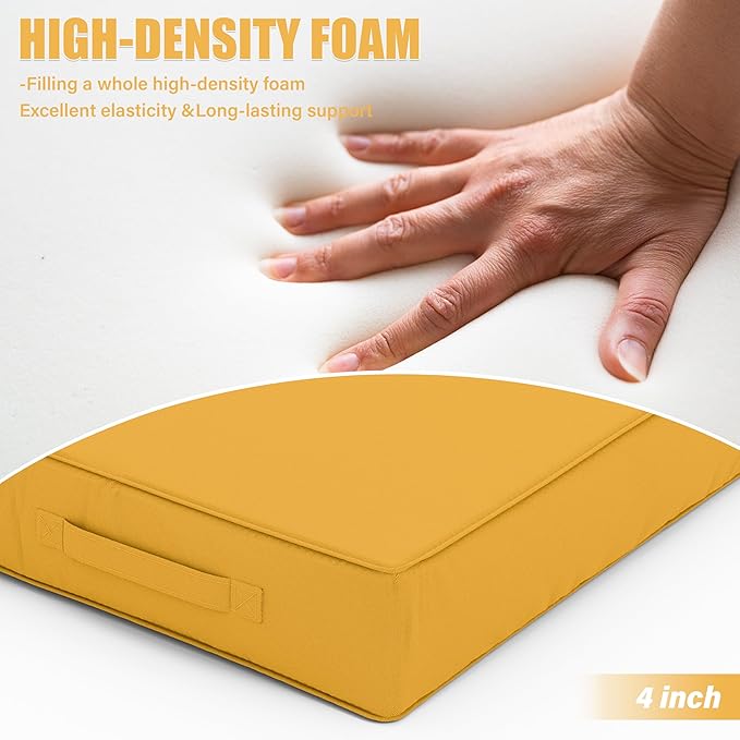 Patio Chair Cushions 22 X 22 X 4 Inch Waterproof Outdoor Seat Cushions for Patio Furniture, Outdoor Sofa Couch Pads with Ties & Handle, Set of 2, Yellow-VerdiqueGarden