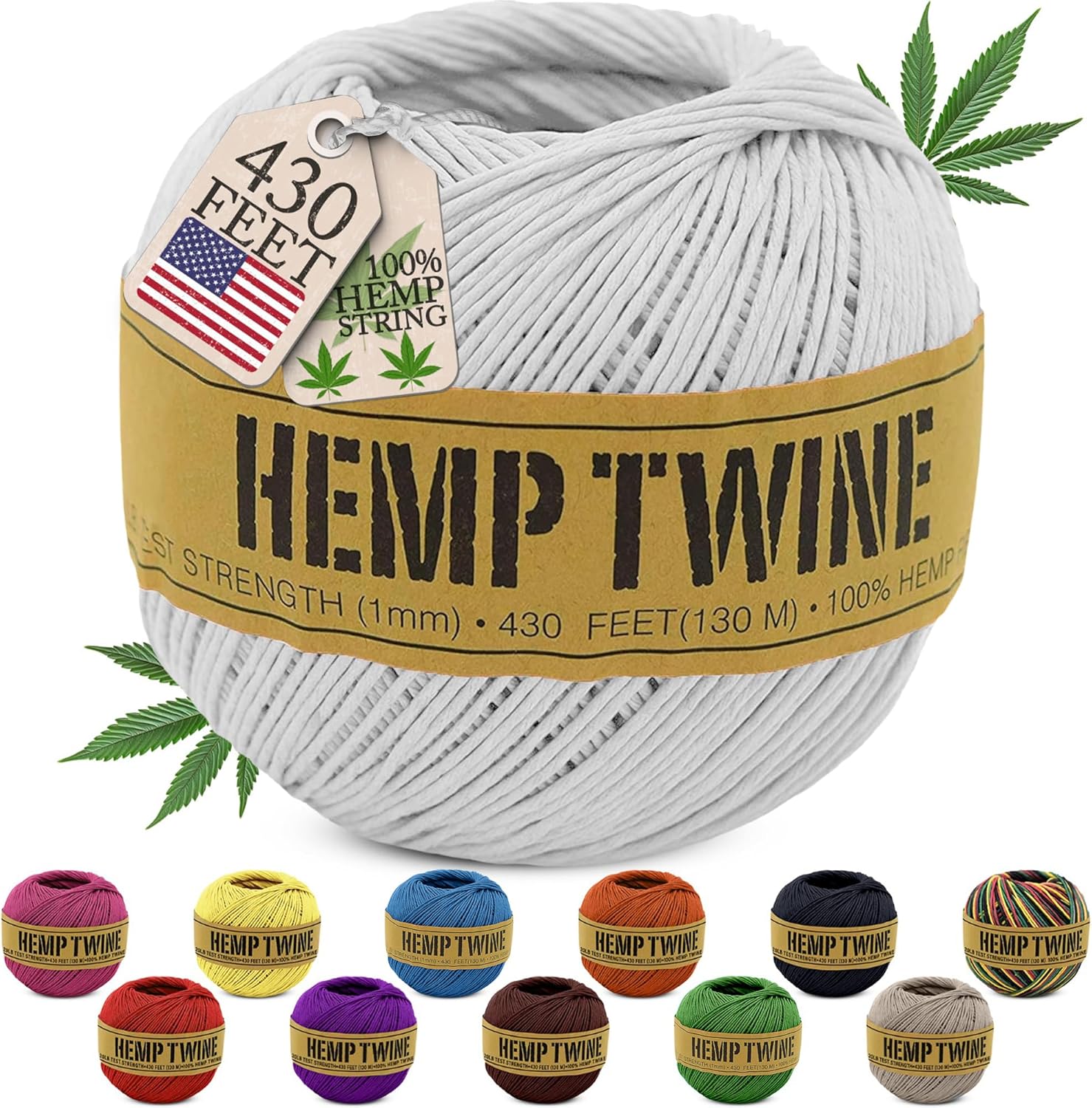Hemp Twine for Gardening - Twine for Crafts - Organic Natural Hemp String for Jewelry Making - Strong Durable Cord for Decoration, Macrame + Cooking - 1MM, 100G/430 Ft. - 20 lb. Test Strength - White-VerdiqueGarden