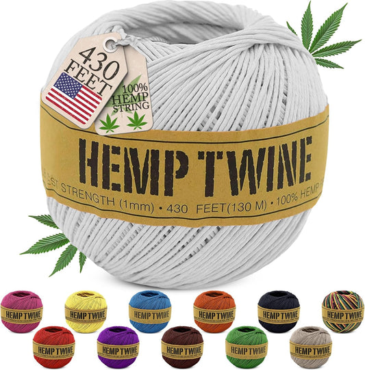 Hemp Twine for Gardening - Twine for Crafts - Organic Natural Hemp String for Jewelry Making - Strong Durable Cord for Decoration, Macrame + Cooking - 1MM, 100G/430 Ft. - 20 lb. Test Strength - White-VerdiqueGarden