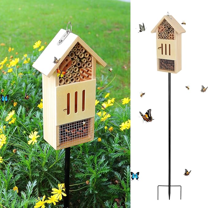 Wooden Insect House, Bee House with Metal Stake for Gardens, Insect Hotel & Butterfly Hotel on The Ground or Hanging on Tree Wall, Natural Insect Habitat for Bee, Butterfly, Ladybirds, Bugs-VerdiqueGarden