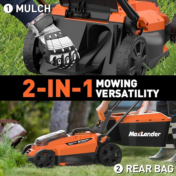 Maxlander Lawn Mowers, 13Inch Electric Lawn Mower Cordless, 20V 2-in-1 Battery Powered Lawn Mower with Brushless Motor, 5-Position Height Adjustment, Battery and Charger Included-VerdiqueGarden