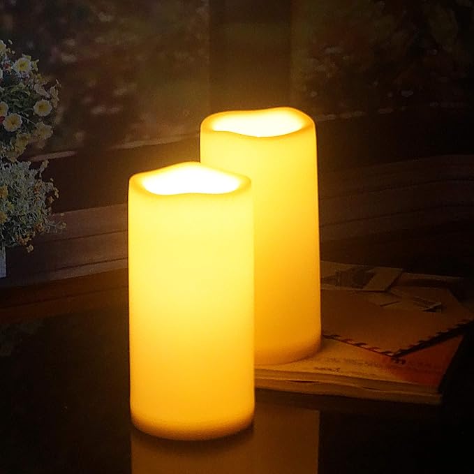 Waterproof Outdoor Flameless Candles with Remote, Set of 2, Large 4” x 8” Battery Operated Electric LED Pillar Candle Set for Home Décor Party Wedding Supplies Garden Christmas Decoration Gift-VerdiqueGarden