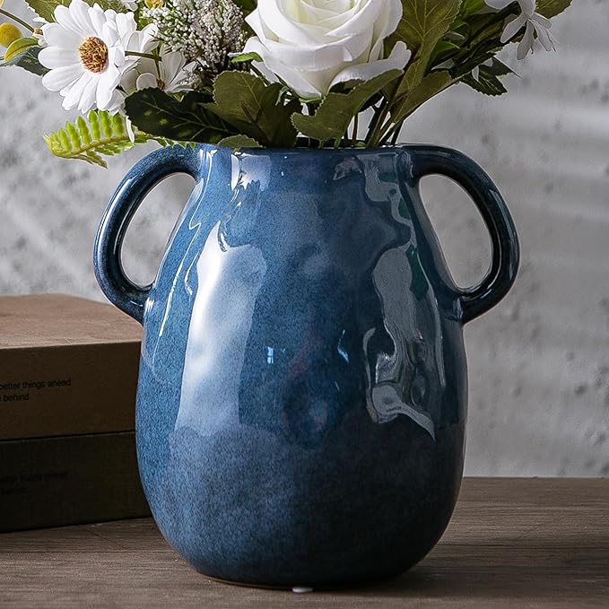 Blue Ceramic Vase with 2 Handles - Modern Farmhouse Rustic Terracotta Decorative Clay Boho Vase for Pampas Grass and Home Decor-VerdiqueGarden