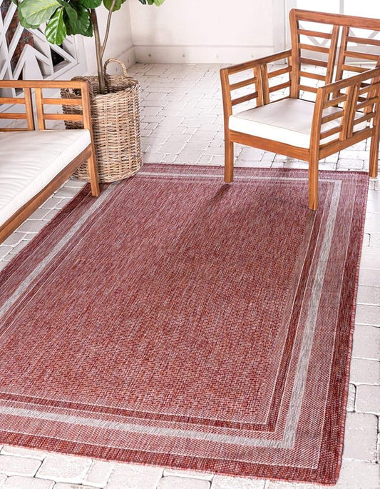Unique Loom Outdoor Border Collection Area Rug - Soft Border (5' 3" x 8' Rectangle, Rust Red/ Ivory)-VerdiqueGarden