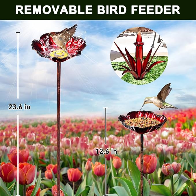 Upgraded Large Metal Yard Art, Metal Agave Plant Yard Decorations Outdoor Sculpture, Metal Flowers for Outside, Waterproof Outdoor Garden Decor (Red + Bird Feeder)-VerdiqueGarden