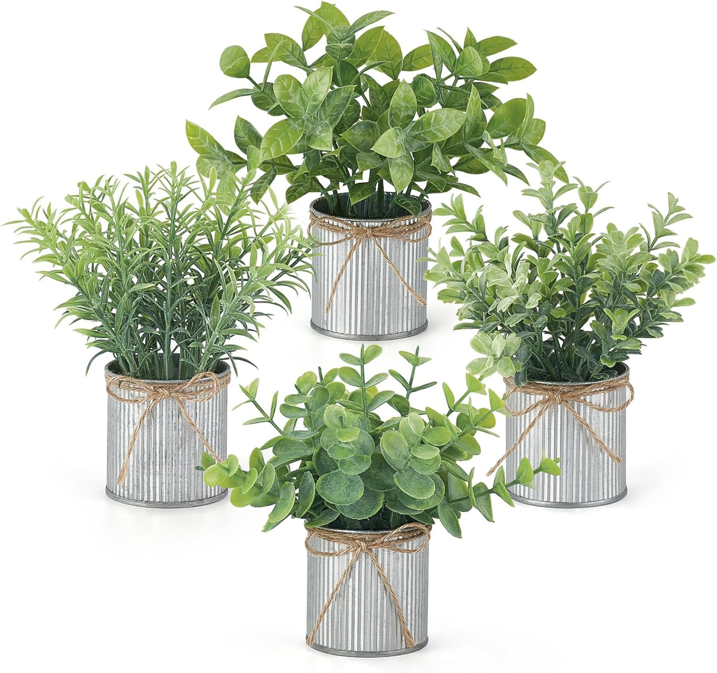 Mkono 4 Packs Small Fake Plants in Farmhouse Galvanized Pots Table Centerpiece Mini Potted Artificial Plants Faux Eucalyptus for Shelf Office Rustic Home Decor-VerdiqueGarden