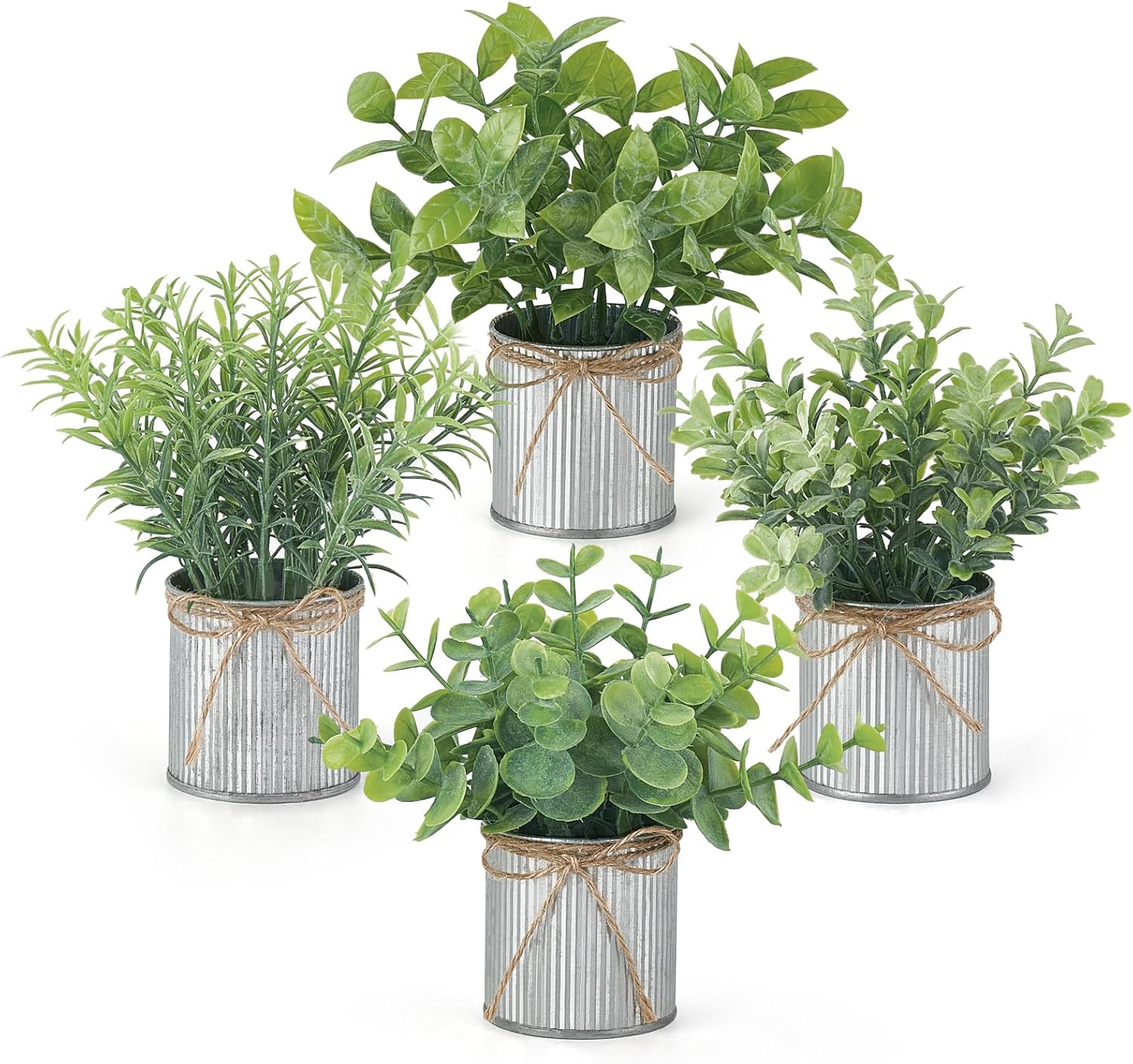 Mkono 4 Packs Small Fake Plants in Farmhouse Galvanized Pots Table Centerpiece Mini Potted Artificial Plants Faux Eucalyptus for Shelf Office Rustic Home Decor-VerdiqueGarden