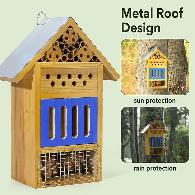 Wooden Butterfly House & Bee House for The Garden, Durable Bug Hotel W/Wooden Stake and Iron Roof, Insect Habitat On The Ground Or Hanging On The Tree, for Butterfly, Bee, Ladybug, Bug-VerdiqueGarden
