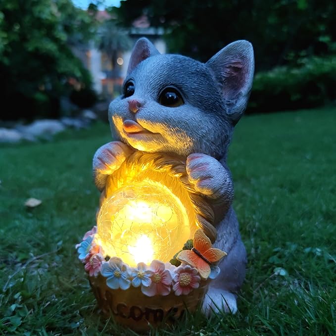 Solar Cat Garden Outdoor Statues,Resin Cat Figurine Carrying Flower Basket and Magic Orb with Solar LED Lights, Lawn Decor Outdoor Statue for Patio, Balcony, Yard Ornament,Gifts for Mom-VerdiqueGarden