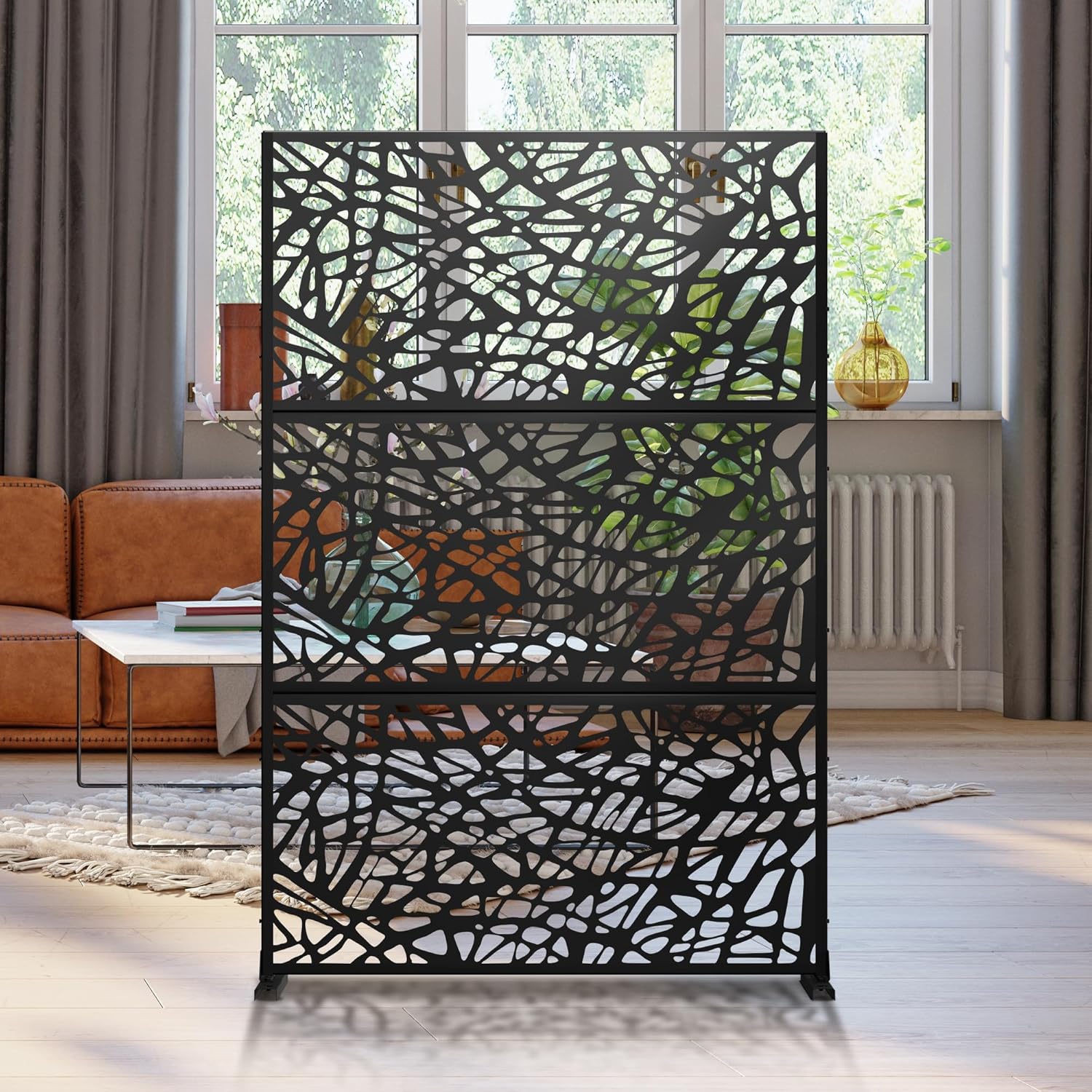Metal Privacy Screen Outdoor 72" H×47" W,Freestanding Decorative Privacy Screen for Balcony Yard&Garden,Privacy Fence-Black&Net-VerdiqueGarden