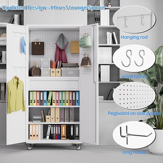 Metal Garage Cabinet with Wheels,71''H Rolling Lockable Steel Tool Cabinet with Pegboard & Drawer for Garage,Home,Office Assembly Required,White-VerdiqueGarden