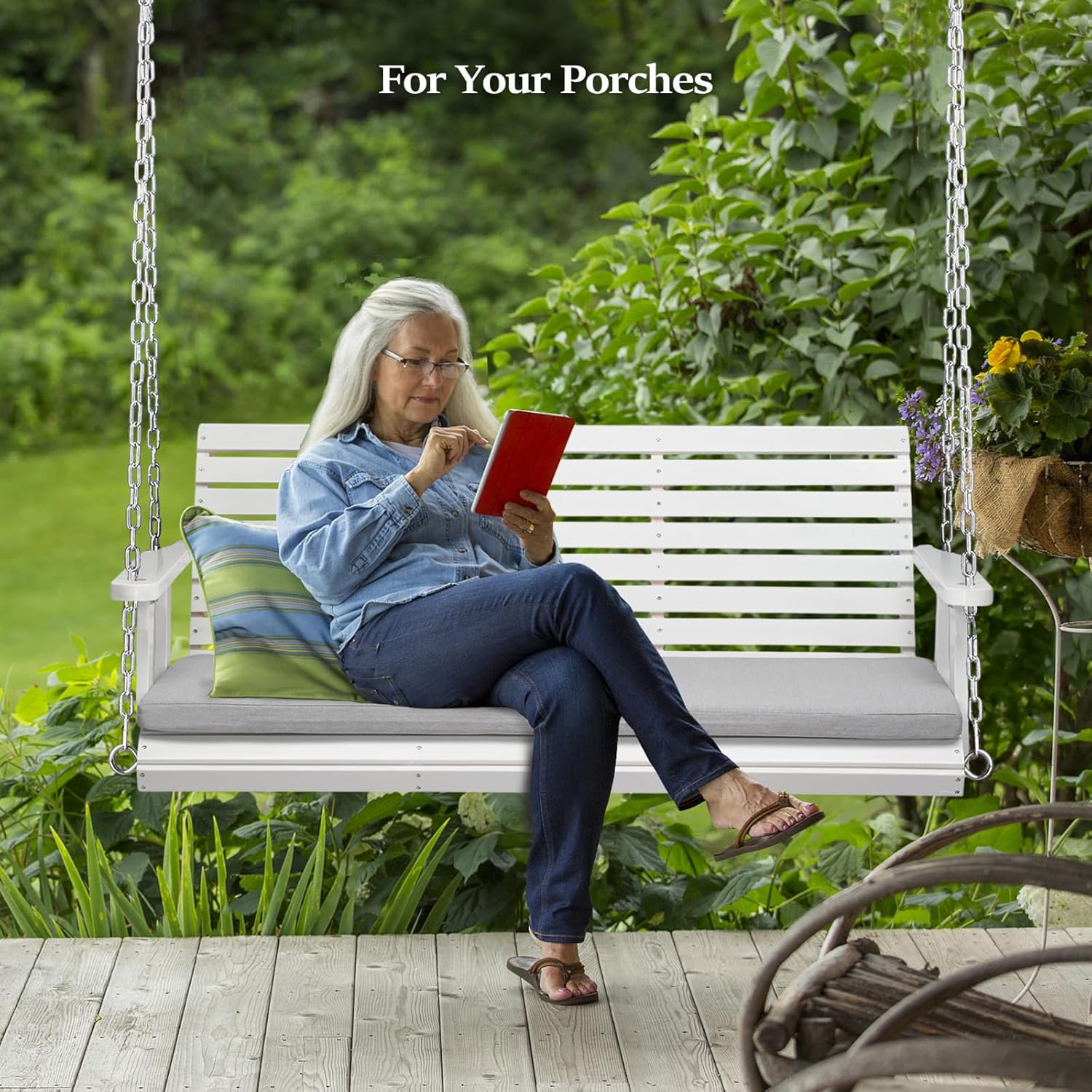 VINGLI Heavy Duty 880 LBS Patio Wooden Porch Swing Outdoor with Extra Cushion, Farmhouse Hanging Bench Tree Swing with Adjustable Chains for Yard | Garden | Lawn | Balcony (5 FT, White)-VerdiqueGarden