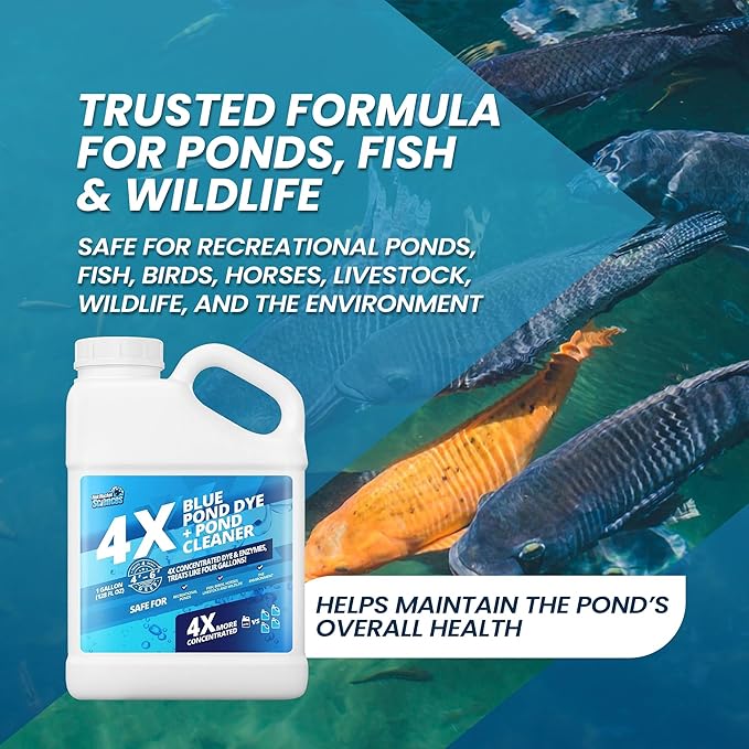 1 Gallon 4X Blue Pond Dye + Pond Cleaner, Blue Dye for Ponds and Lakes, 2-in-1 Lake Colorant + Enzymes, Makes Murky Water Clean & Beautiful, Keeps The Water Cool, Clear, and Ideal for Fish & Wildlife-VerdiqueGarden