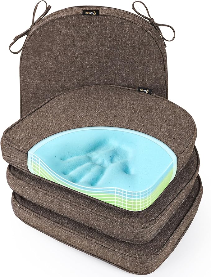 SUNROX Gel Memory Foam Chair Cushions, FadeShield Water-, Stain-Resistant Durable Reversible Seat Cushion Pads with Ties for Indoor/Outdoor Kitchen Dining Office 17"x16" Set of 4, Heather Chestnut-VerdiqueGarden