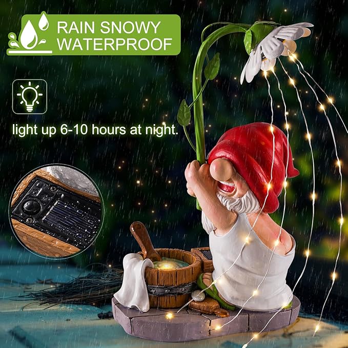 WINTS Garden Gnomes Outdoor Statue with Solar Lights,Bathing Large Funny Gnome Solar Garden Decorations for Lawn, Balcony, Yard,Patio Gnome Gifts for Mom-VerdiqueGarden