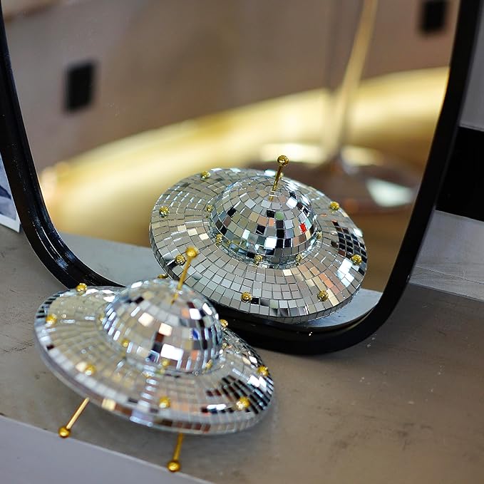 UFO Disco Ball Silver Disco Ball Decor Disco Spaceship Retro Reflective Décor Mirror Decorations for Home,Party,Garden,Handmade Gift (8 * 6inch)-VerdiqueGarden