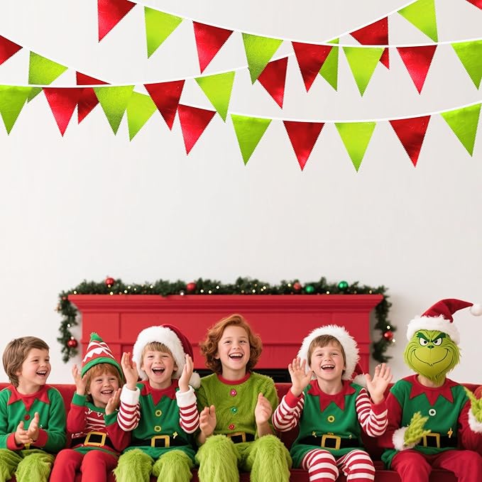 Red and Green Metallic Fabric Triangle Pennant Banner Flag Bunting Garland for Merry Grinchmas Birthday Baby Shower Bachelorette Xmas Holiday Christmas Holiday New Year Party Decorations Supplies-VerdiqueGarden