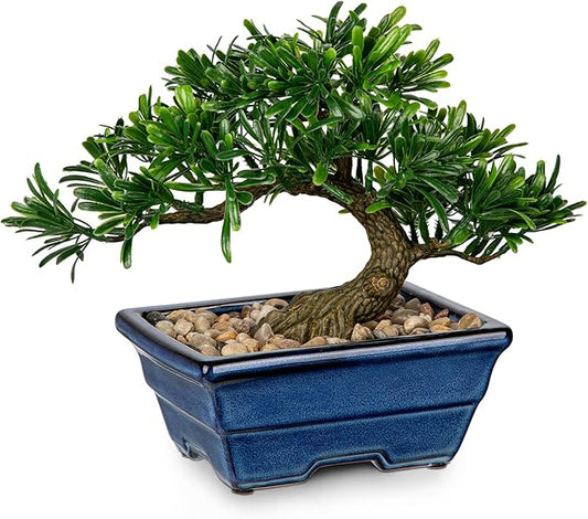 Artificial Bonsai Tree Faux Plants Indoor Small Fake Plants Decor with Blue Ceramic Pots for Home Table Office Desk Bathroom Shelf Bedroom Living Room Farmhouse Decorations-VerdiqueGarden