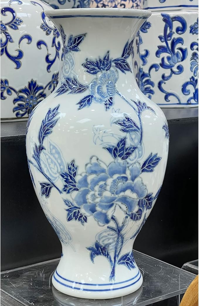 Galt International Blue and White Floral Chinoiserie Ceramic Vase 14" - Hand Painted Antique Style Porcelain Flower Bottle Fishtail Porcelain Chinese Vase for Home Decor Centerpiece-VerdiqueGarden