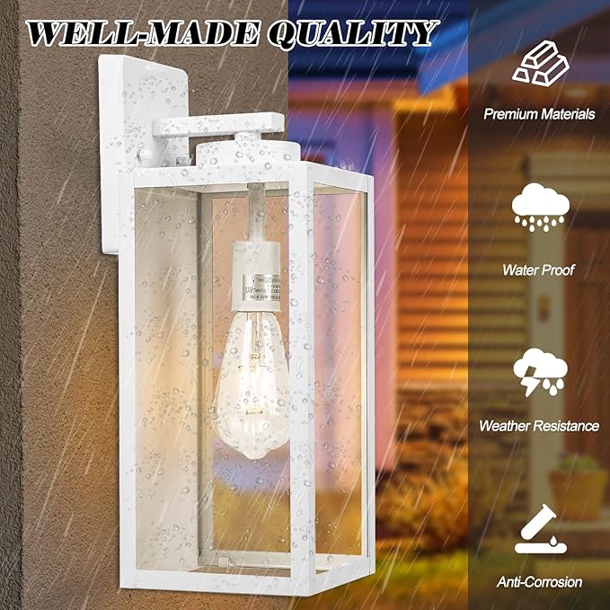 16-inch Large Outdoor Wall Light Fixture, White Exterior Wall Lantern Waterproof, Farmhouse Porch Sconce Lighting with Glass, Modern Outside Lights for House, Garage, Patio Lamp, 2 Packs-VerdiqueGarden