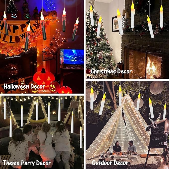 12pcs Floating Candles with Wand, Magic Hanging Candles, Flameless Candles with Magic Wand Remote, Battery Operated Hanging Window Candle, 6.1" LED Electric Candles for Christmas Halloween Decorations-VerdiqueGarden