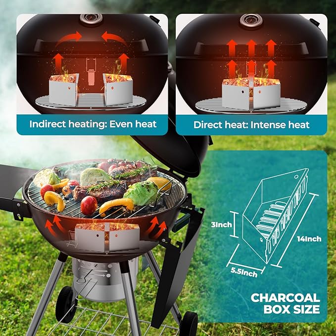 Premium 22 Inch Charcoal Grills with 2 Foldable Tables, BBQ Grill with Cover, Outdoor Barbecue Grill with Ash Catcher, Portable Charcoal Kettle Grills with Wheels for Camping Party Backyard-VerdiqueGarden
