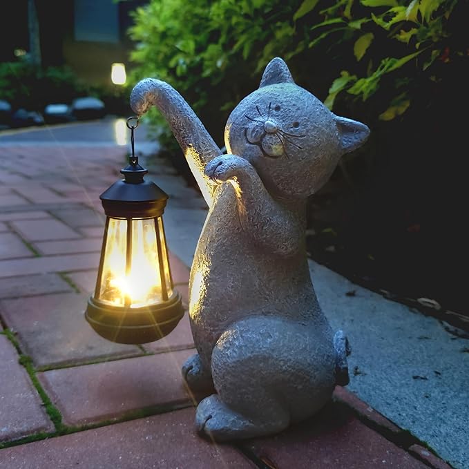 Cat Solar Garden Statues,Resin Cat Figurine Decorations with Solar Lights Lantern, Outdoor，Statue Decor Art for Lawn,Yard,Unique Housewarming Gift for Garden Home-VerdiqueGarden